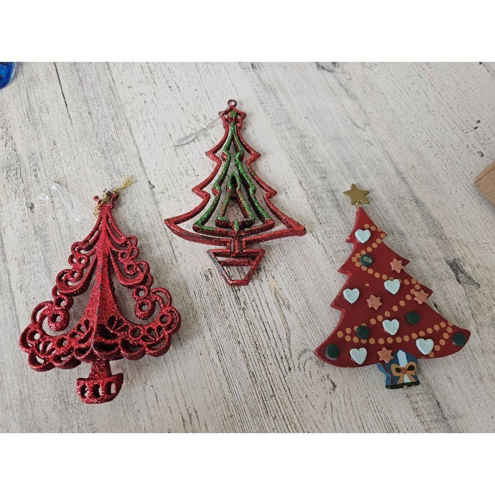 Red glitter tree ornament wooden vintage set glitter tree
